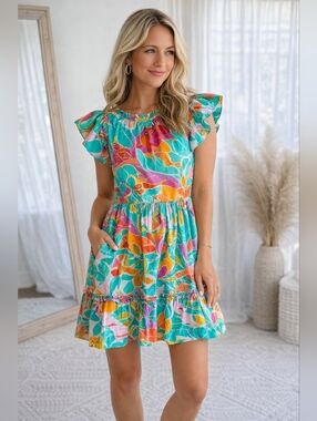 House Of Harlow 1960 Floral Tropical Flutter Sleeve Ruffle Tiered Dress Medium